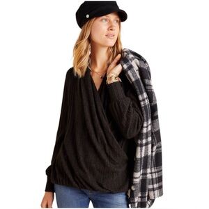 Maeve Rafela Hacci faux-wrap charcoal gray ribbed knit long sleeve Surplice Top